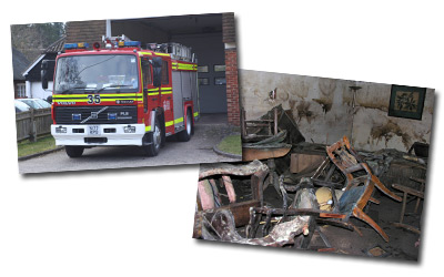 Fire engine and flood damaged room